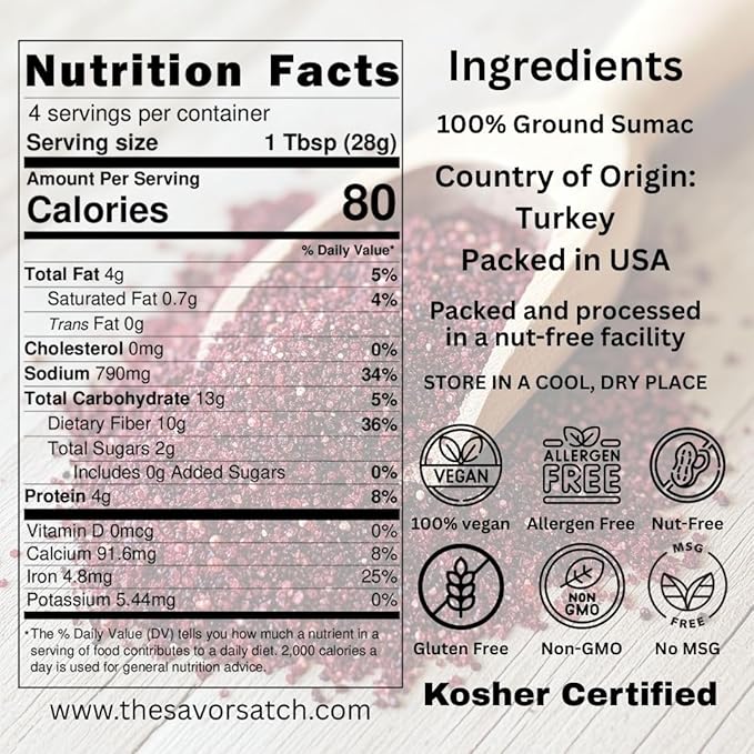 SavorSatch Ground Sumac ??4oz Resealable Pouch | Certified Kosher, GMO Free, Allergen-Free | Tangy