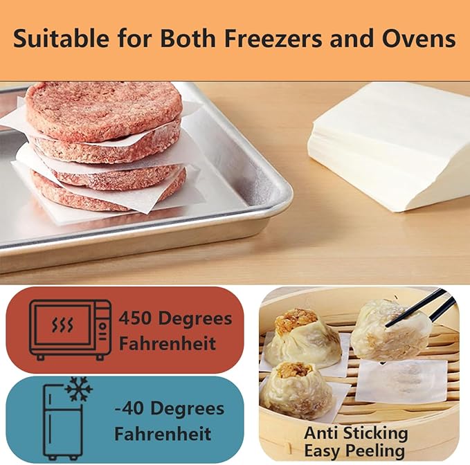 100Pcs 6" x 6" Unbleached Parchment Paper, Burger Patty Paper, Non-Stick Squares Wax Paper Sheets