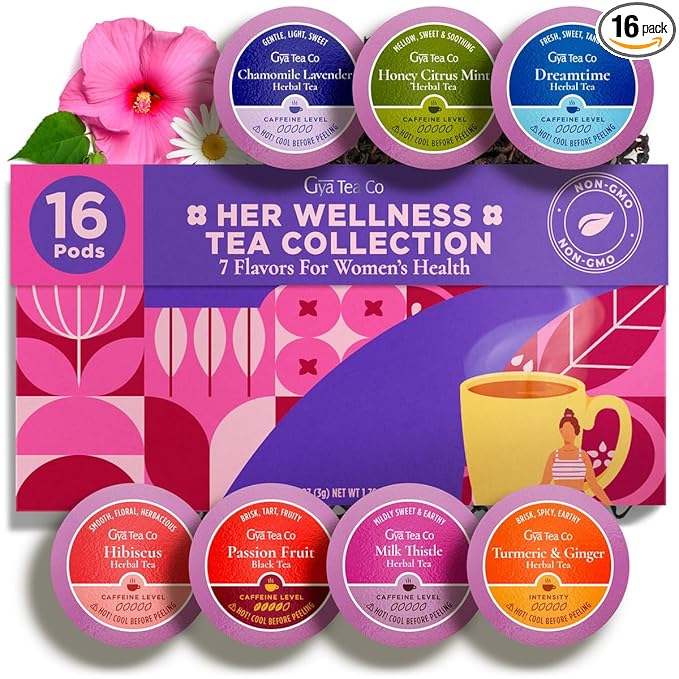 Gya Tea Co Her Wellness Tea Pod Collection Tea Gift Set (16 ct) - 7 Flavors Assorted Variety Pack