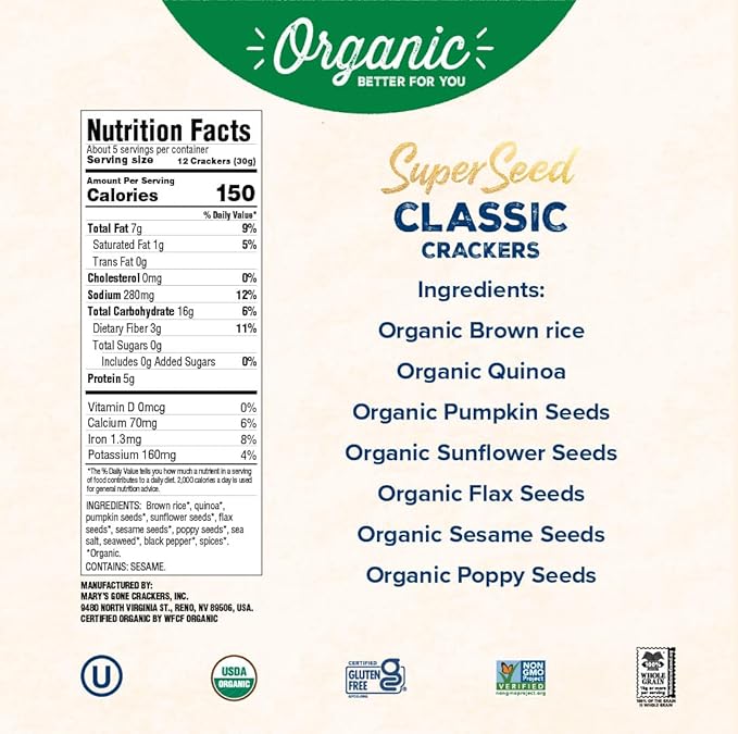 Mary's Gone Crackers Organic Super Seed Crackers, Classic - Gluten-Free, NON-GMO, Vegan & Whole