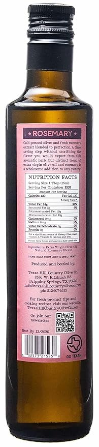 Texas Hill Country Olive Co Rosemary Infused Olive Oil - Cold Pressed Gourmet EVOO Olive Oil