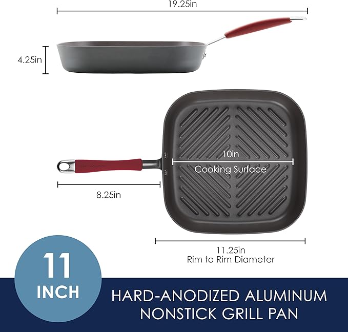 Rachael Ray Cucina Hard-Anodized Nonstick 11-Inch Deep Square Grill Pan, Gray with Cranberry Red