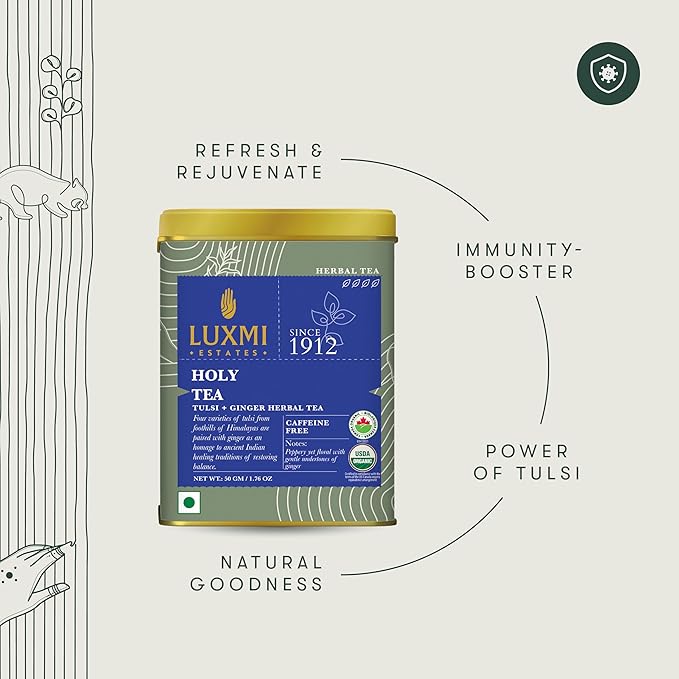 Luxmi Estates - Holy Basil - Organic Tulsi Tea - Loose Leaf - 50g (25 Cups) | With Tulsi and Ginger