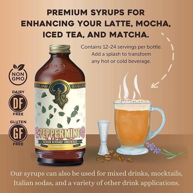 Portland Syrups Peppermint Syrup for Lattes, Coffee & Mocktails - Organic Cane Sugar & Peppermint