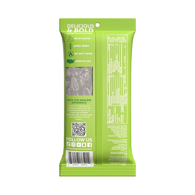 SMACKIN' Sunflower Seeds, Roasted Jumbo Small-Batch, American Made - Dill Pickle. 1.5oz bags (6