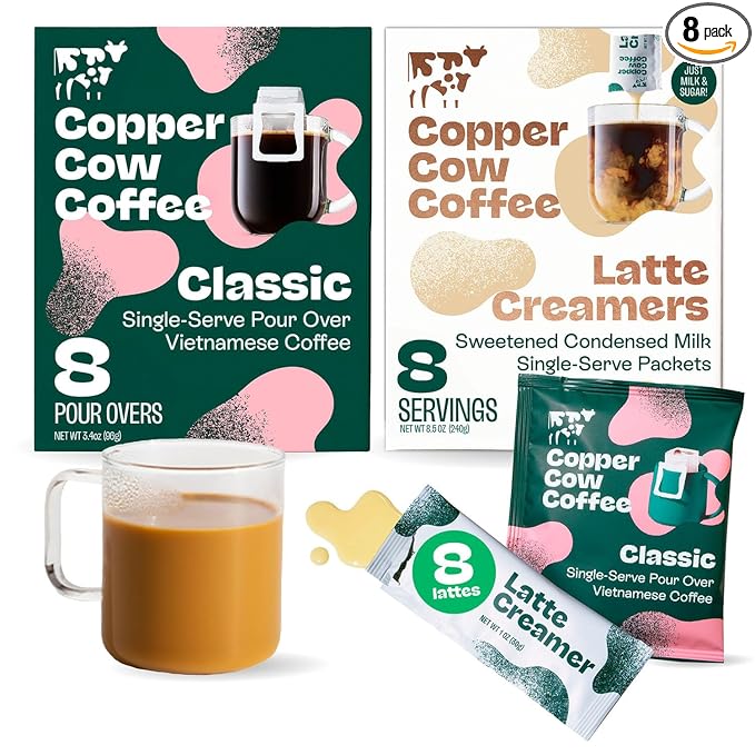 Copper Cow Coffee Pour Over Vietnamese Ground Coffee Pouches + Sweetened Condensed Milk Creamers (8
