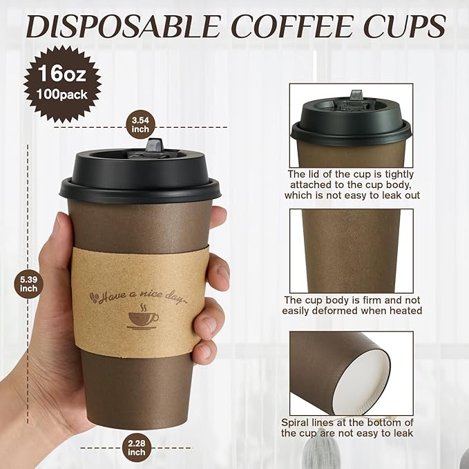 LITOPAK 100 Pack 16 oz Paper Coffee Cups, Brown Disposable Coffee Cups with Lids, Sleeves, Sticks