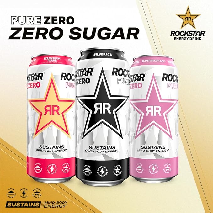 Rockstar Pure Zero Energy Drink, Tangerine Mango Guava Strawberryh, 0 Sugar, with Caffeine and