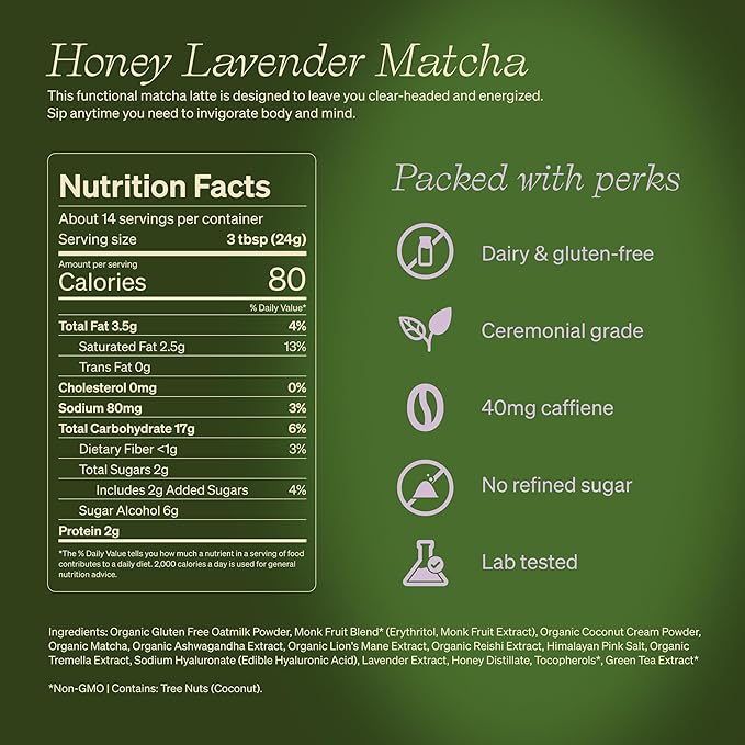 Clevr Blends Organic Honey Lavender Matcha SuperLatte, Instant Ceremonial Grade, Superfood Powder