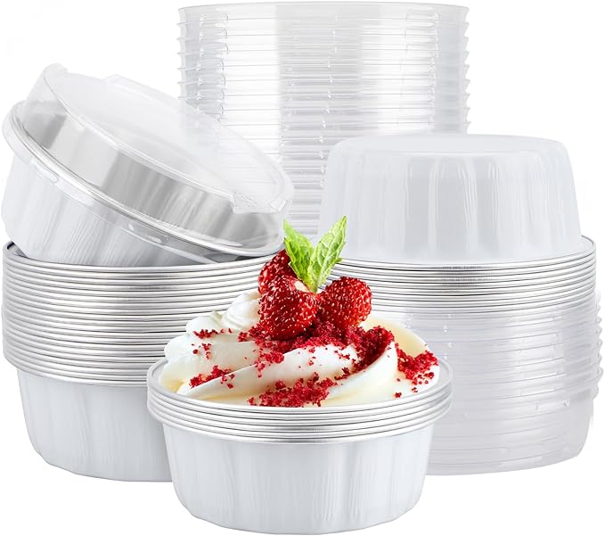 EUSOAR Cake Container, 25pcs 9oz White Large Aluminum Pans with Lids, Muffin Liners Foil Ramekins