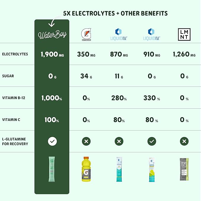 Waterboy Workout Hydration | 2,960mg Sugar Free Electrolyte Powder Packets | L-Glutamine + Vitamins