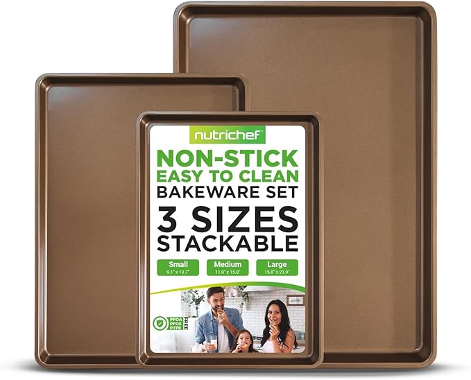 NutriChef 3-Piece Nonstick Baking Pans Set - Thick Carbon Steel Oven Bake Trays - Includes XL