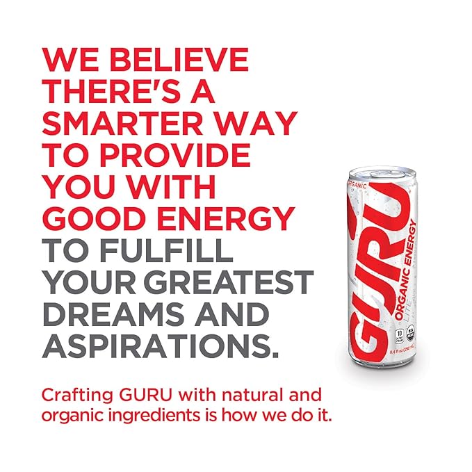GURU Lite Organic Energy Drinks, Clean Energy Drink with Plant Based Natural Caffeine from Green