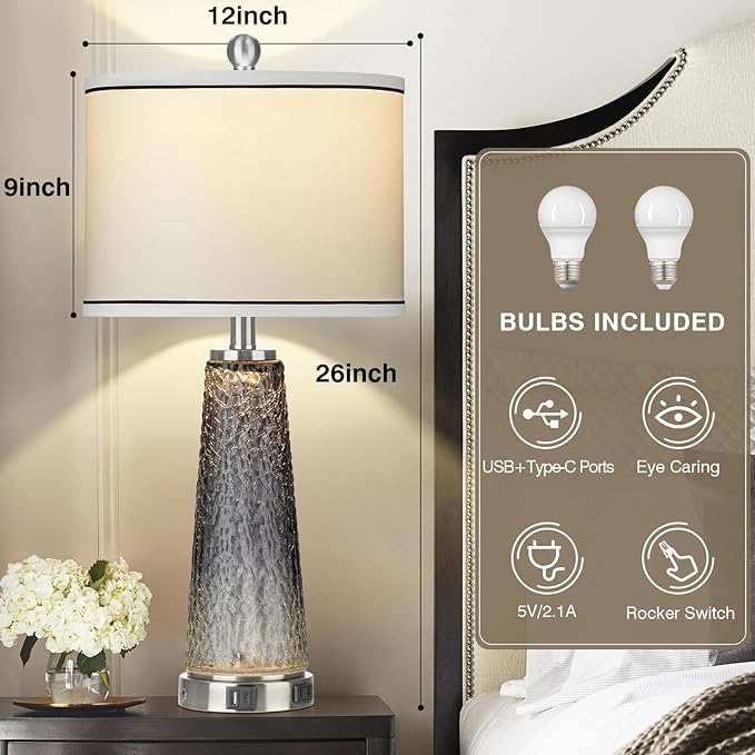 Glass Table Lamp Set of 2, 26" Modern Table Lamps with USB A+C Ports & AC Outlet, Touch Control