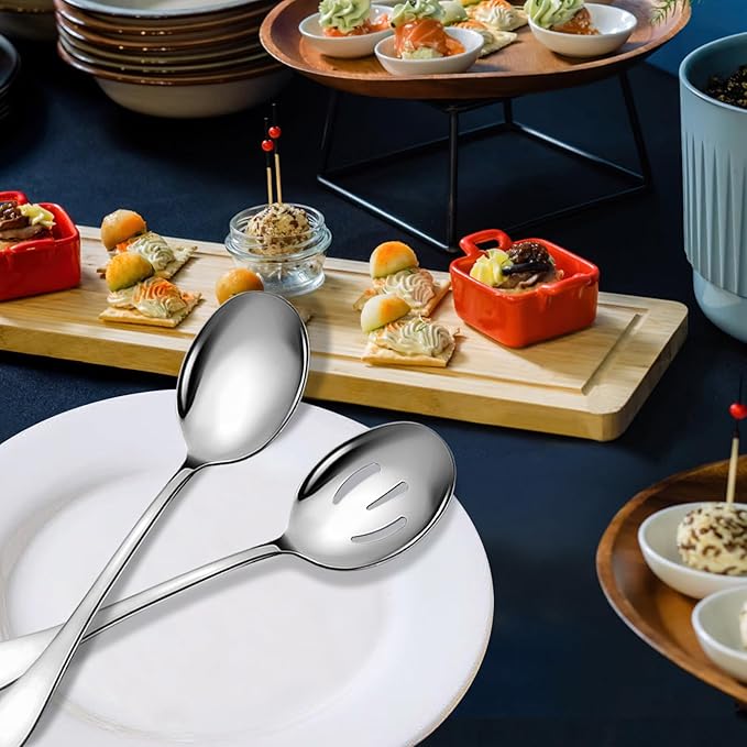 4 Piece Stainless Steel Serving Spoons Set, 10-Inch, Includes 2 Large, 2 Slotted, for
