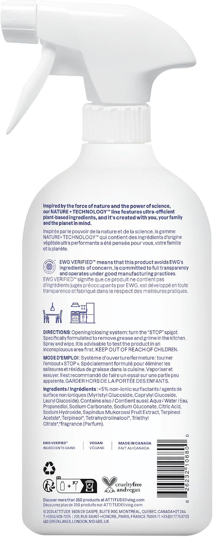 ATTITUDE Kitchen Cleaner Spray, EWG Verified, Powerful Degreaser, Cuts Grease & Grime, Plant-Based