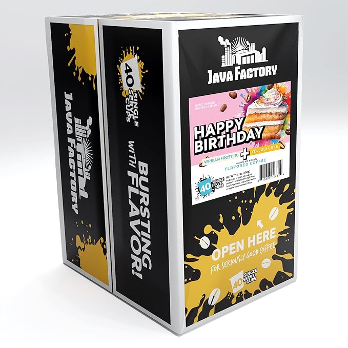 Java Factory Flavored Coffee Pods, Happy Birthday Cake Icing, Compatible with K Cup Brewers, 40