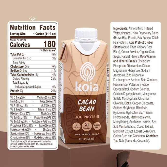 Koia Plant Based Protein Shake, Cacao Bean, 20g Protein, 3g Sugar, 6g Prebiotic Fiber, 21 Vitamins