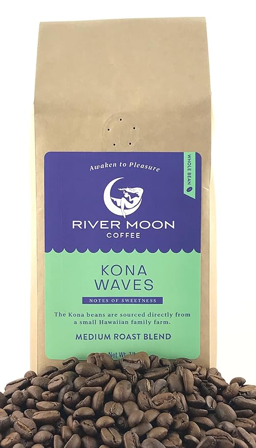River Moon Coffee, Kona Coffee Whole Bean, Medium Roast, 16 Ounce, Kona Waves Hawaiian Blend