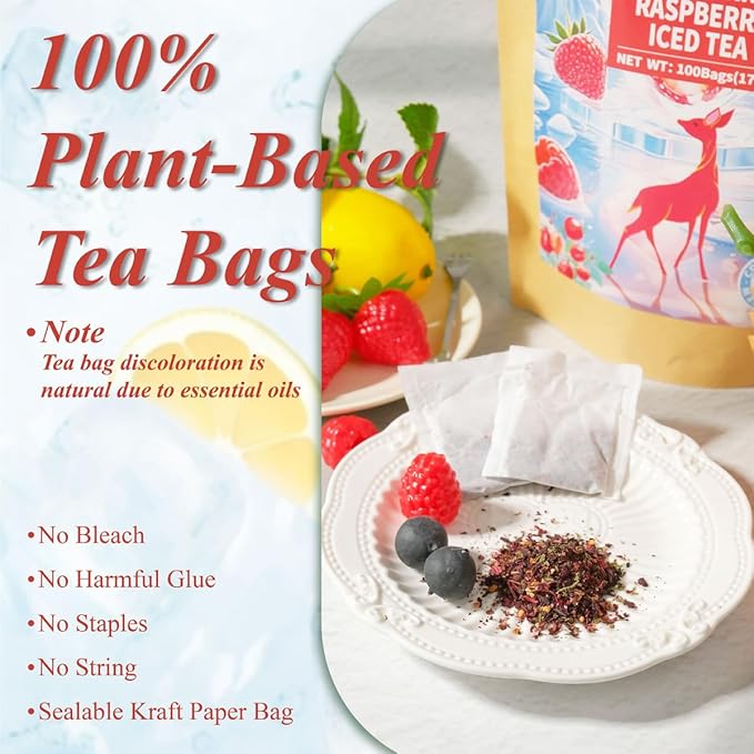 WT WEETEE Strawberry & Raspberry Herbal Iced Tea, 100 Count Cold Brew Hibiscus Iced Tea Bags, Rich