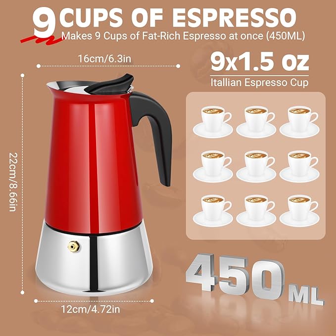Moka Pot, 9 Cups (15.9 oz) Stovetop Espresso Maker, 304 Stainless Steel Moka Pot, Induction