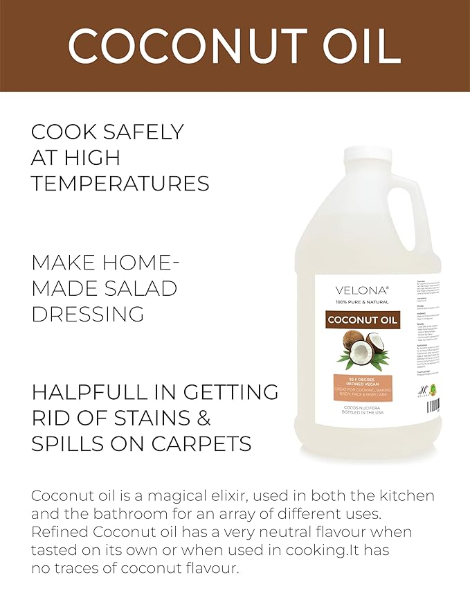 velona Coconut Oil 92 Degree 1 Gallon / 128 Fl Oz | 100% Pure and Natural Carrier Oil | in jar |
