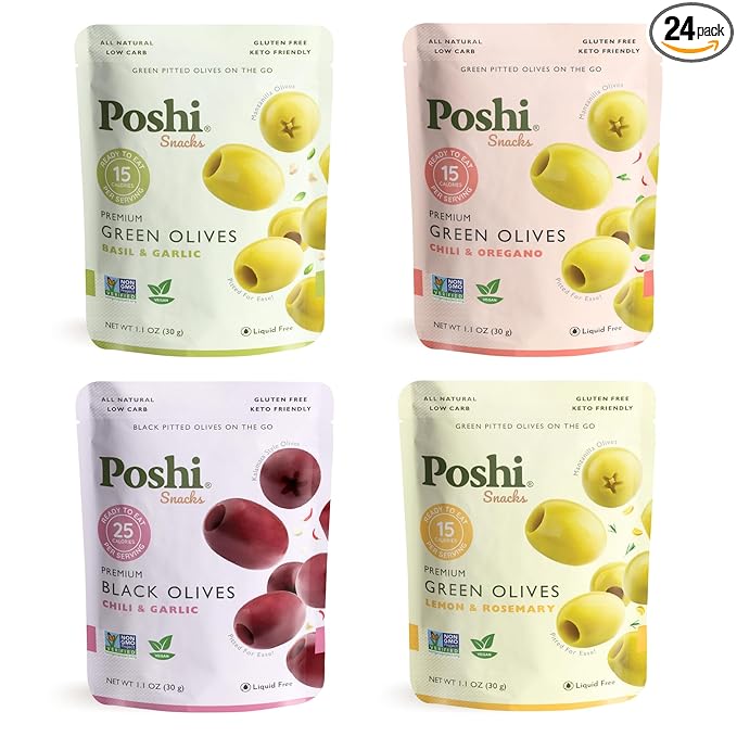 Poshi Natural Whole Pitted Olives | 24 Pack Variety | Basil & Garlic, Chili & Oregano, Chili +