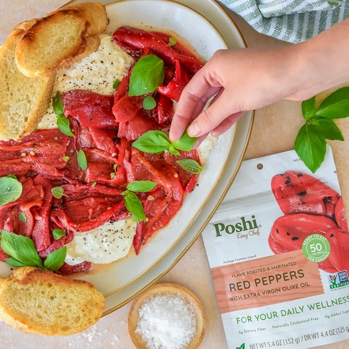 POSHI Flame Roasted Red Peppers in Extra Virgin Olive Oil Natural, Keto, Vegan, Non GMO, Low Carb +