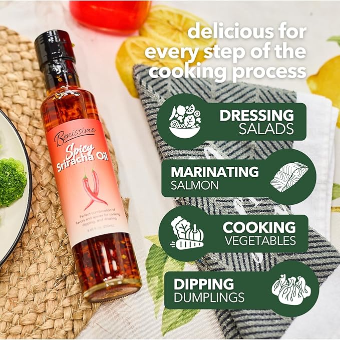 Benissimo Spicy Sriracha Herb Infused Oil, All Natural Gourmet Cooking Oil with Bold Chili Heat and