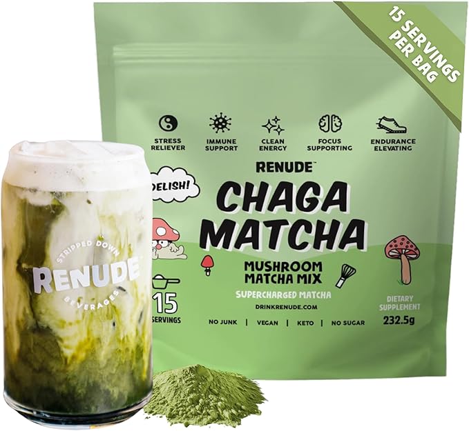 Renude Chaga Matcha - Chaga Mushroom Powder, Superfood Drink Mix with Adaptogens, Ceremonial Grade