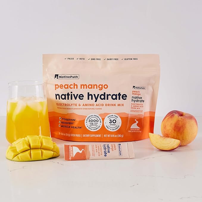 NativePath Native Hydrate Stick Packs, Sugar Free Electrolytes Powder with BCAAs, Peach Mango