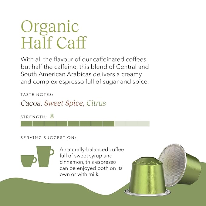 Cru Kafe USDA Organic Half Caff Espresso Coffee Capsules (10 Pods) Fairtrade Coffee Pods Compatible