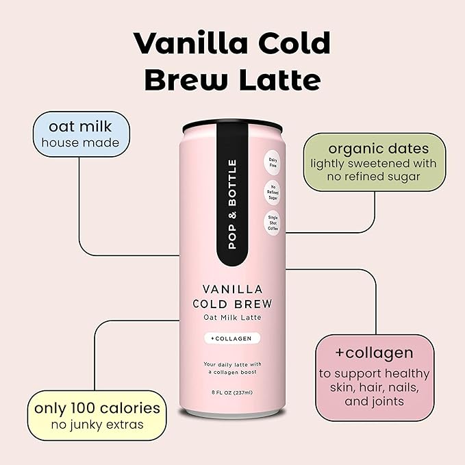 Pop & Bottle, Oat Milk Lattes - Cold Brew with Sustainably Sourced Marine Collagen, MCT Oil, Oat
