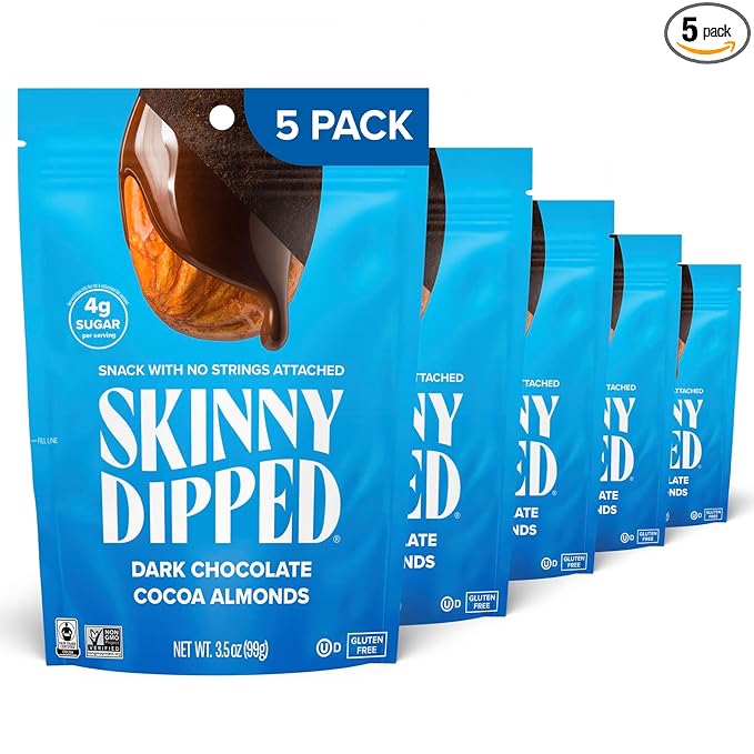 SkinnyDipped Dark Chocolate Cocoa Almonds, Healthy Snack, Plant Protein, Gluten Free, 3.5 oz