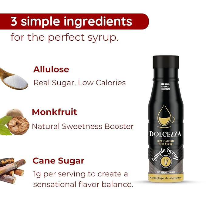 Dolcezza Allulose Simple Syrup, All Natural Low Sugar Sweetener for Coffee, Baking, and Drinks.