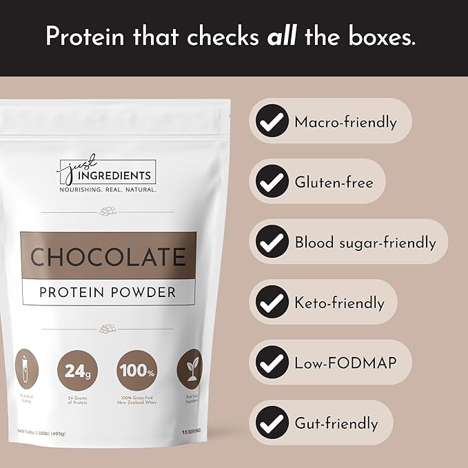 JUST INGREDIENTS Protein Powder | 15 Servings | 24g Protein | Chocolate Flavor Made with 100%