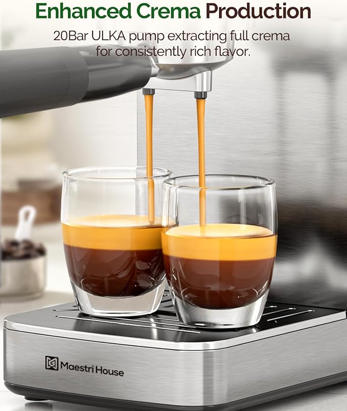 Maestri House Espresso Machine, 20 Bar ULKA Pump, Compact Espresso Maker Built-in Flow Meter Steam