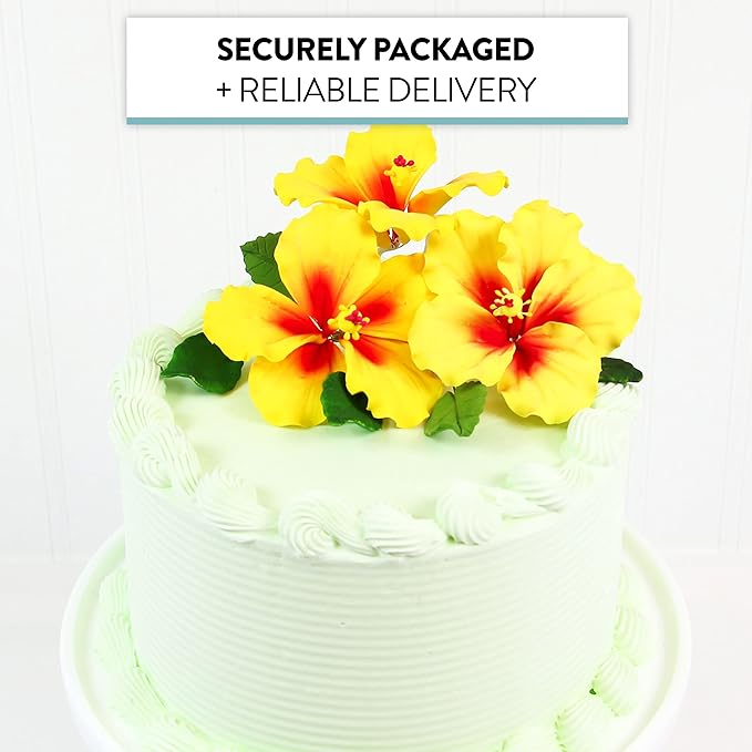 Global Sugar Art Hibiscus Sugar Cake Flowers, Yellow with Red, 3 Count with Leaves by Chef Alan