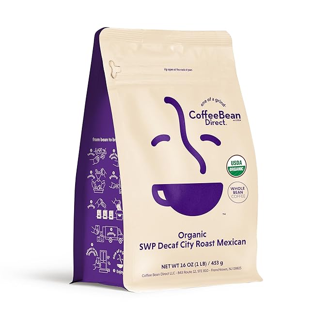 Coffee Bean Direct Organic Swiss Water Process Mexican Chiapas, Whole Bean Coffee, City Roast, 1