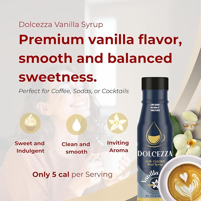 Dolcezza Vanilla Allulose Syrup, All Natural Low Sugar Sweetener for Coffee, Mixed Drinks and