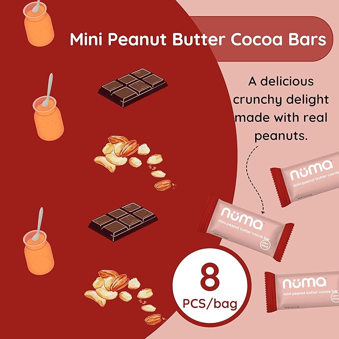 Numa Mini Peanut Butter Cocoa Bars - Vegan, Low Sugar, High Protein, Natural, Gluten Free - Crunchy