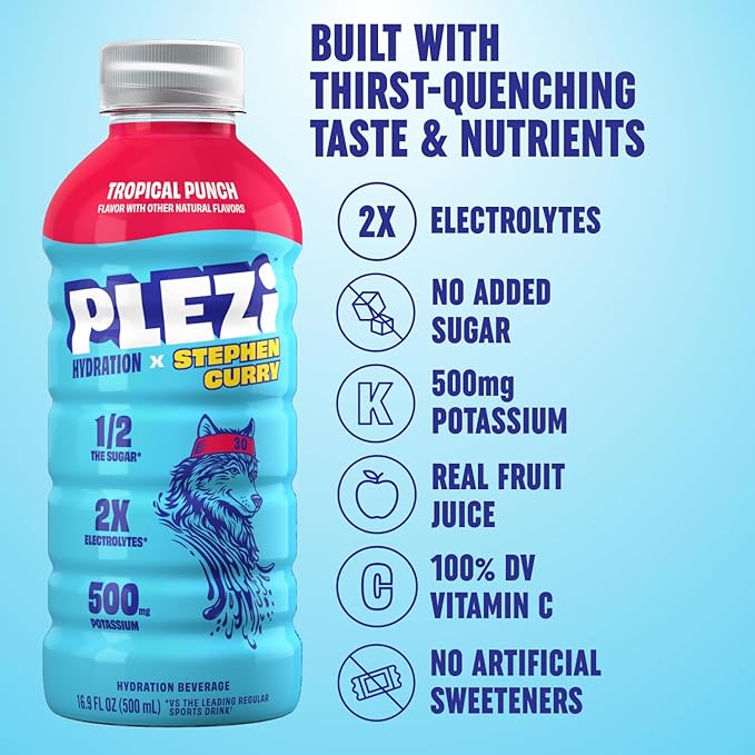 PLEZi Tropical Punch Hydration Drink x Stephen Curry - Sports Drinks with 2X Electrolytes - 500mg