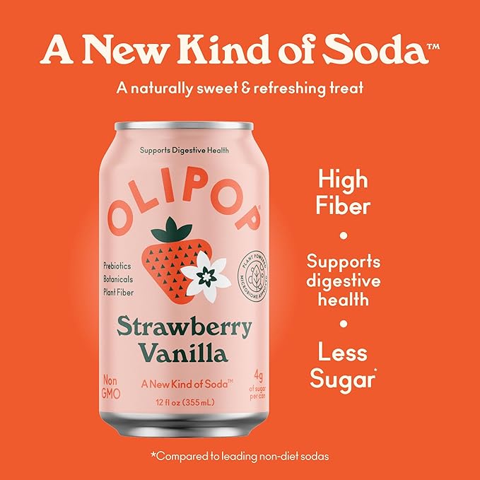OLIPOP Prebiotic Soda Pop, Strawberry Vanilla, Pantry Pack Packed with Prebiotics, Fiber, and
