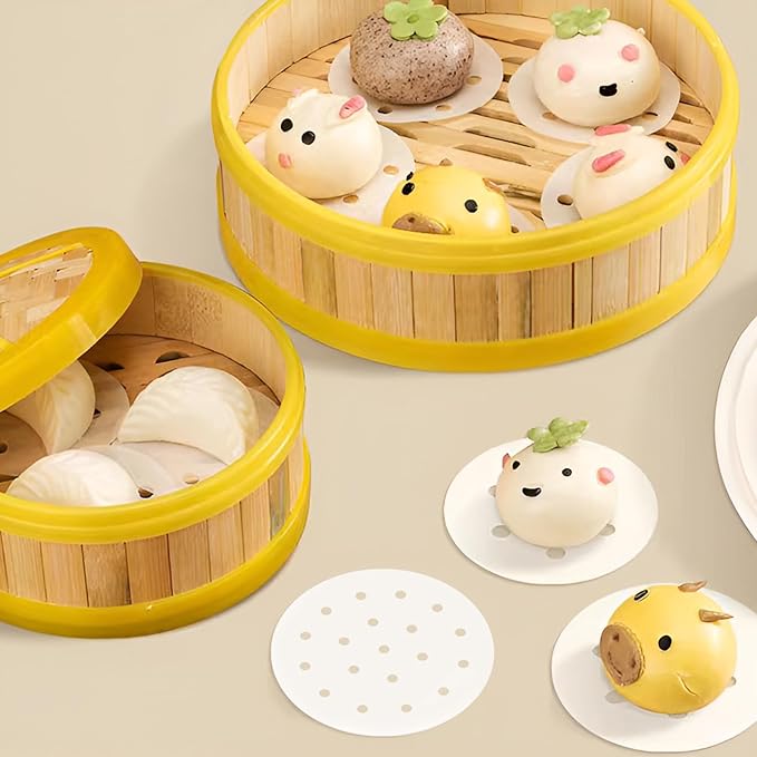 200pcs Air Fryer Liners, 5 inches Bamboo Steamer Liners, Premium Perforated Parchment Steaming