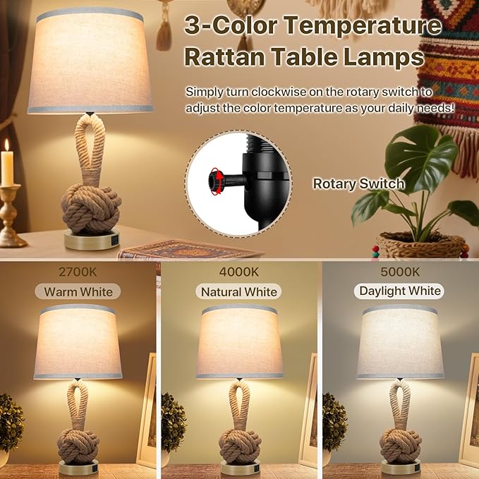 22" Rope Lamps for Night Stands, Bedside Lamps Set of 2, 3-Color Temperatures Boho Lamp with Rotary