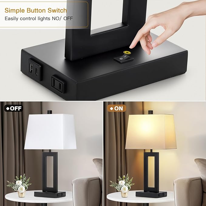 Table Lamp Set of 2 with USB C+A Ports & AC Outlet, Bedside Lamps, Modern Bedroom Lamps, Black