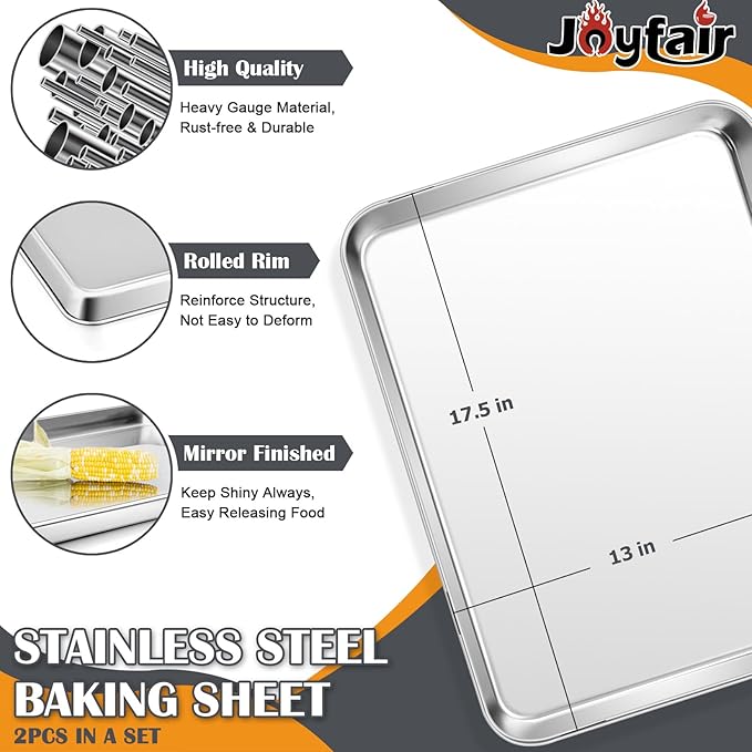 2Pcs Baking Sheet Pan Set, Joyfair Stainless Steel Cookie Sheets, Commercial Metal Pans Toaster