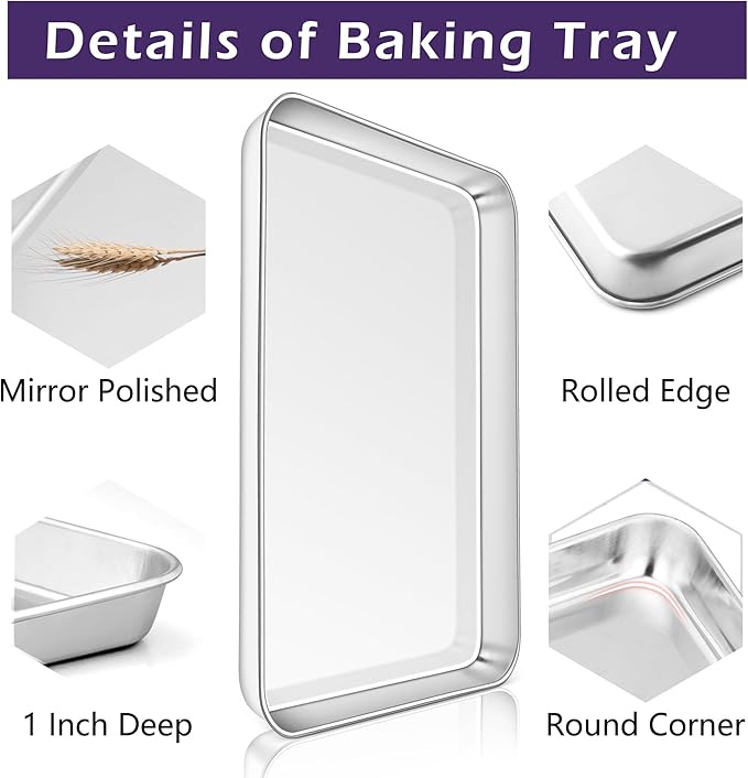 TeamFar Toaster Oven Pan Set of 2, Stainless Steel Toaster Oven Baking Tray Ovenware, 12.5’’x