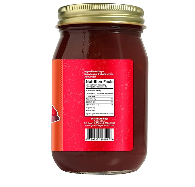 Green Jay Gourmet Strawberry Rhubarb Jam - All-Natural Fruit Jam with Strawberries, Rhubarb & Lemon