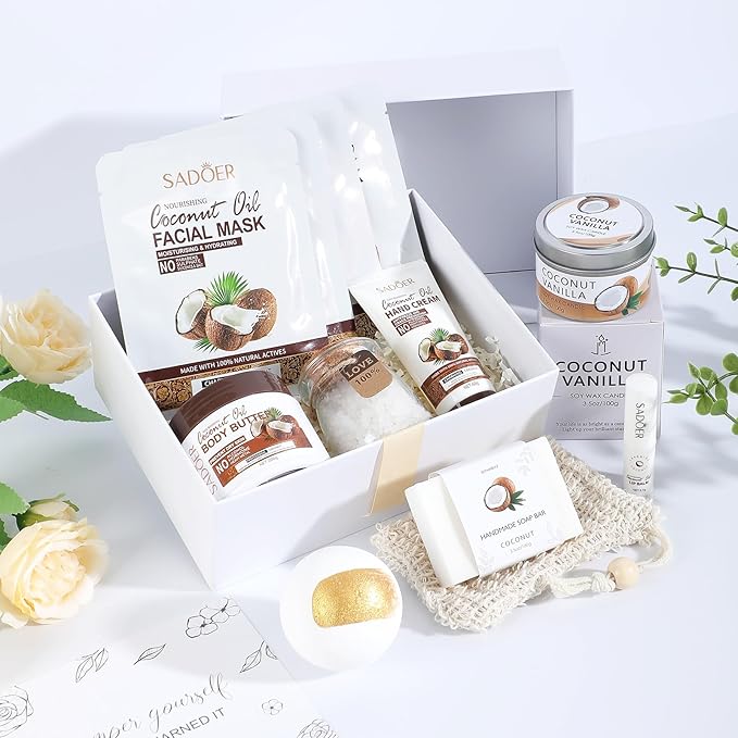Coconut Spa Gifts for Women Birthday Self Care Kit Christmas Gifts Basket Thank You Relaxing Bath